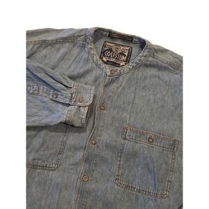 Vintage Coliseum Denim Band Collar Shirt Mens XL Blue 90s Collarless Button